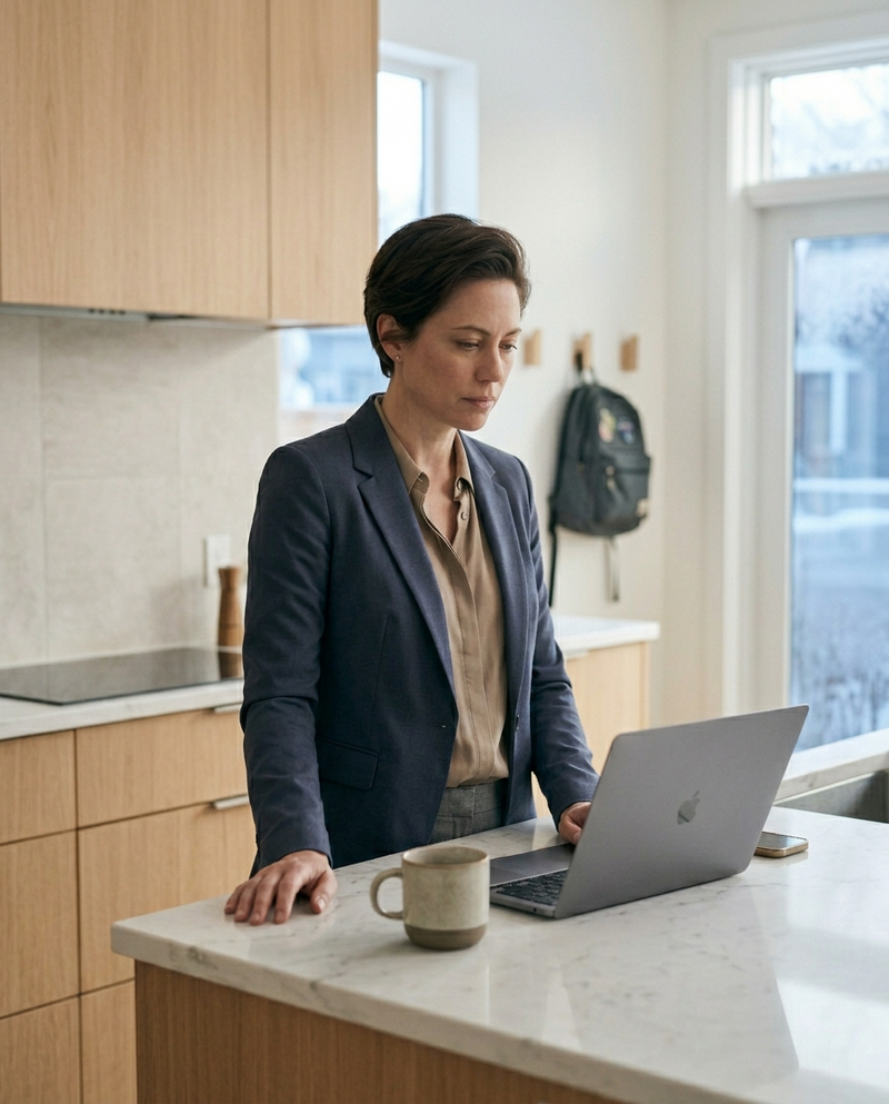 Woman composed at her desk — delivering fully